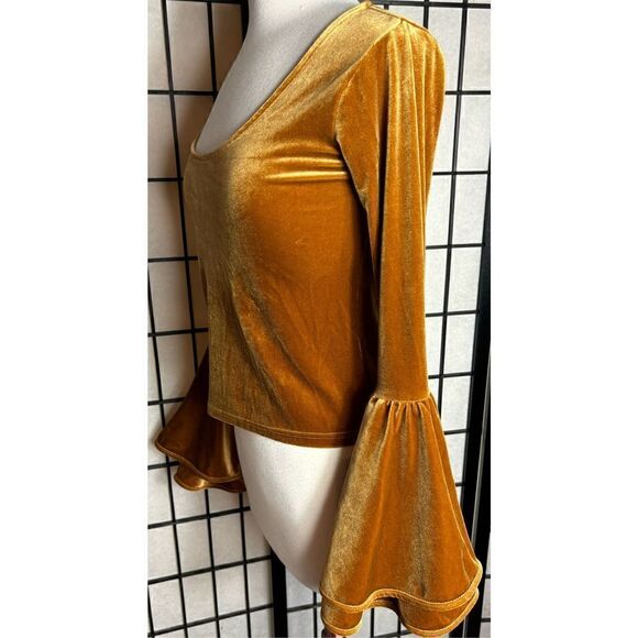 Torn Ronny Kobo Gold Mimi Sabrina Velvet Bell Sleeved Crop  Top - Picture 3 of 7